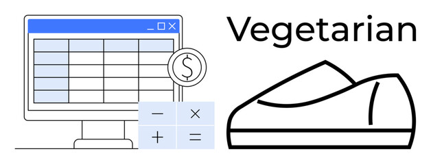 Poster - Computer screen displaying spreadsheet with currency symbol, calculator icons, and Vegetarian text above a shoe illustration. Ideal for finance, accounting, budgeting, sustainable living