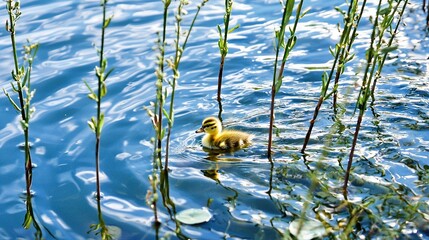 Poster -   A duckling swims in a pond surrounded by tall green grass and reeds Duckling in foreground