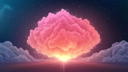 Wall Mural - Dreamlike pink cloud formation at sunset, glowing with vibrant colors against a starry night sky. Surreal and magical atmosphere.