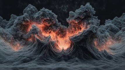 Wall Mural - Fiery orange glow erupts from a dark, textured landscape.  A surreal, digital art creation.