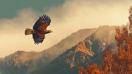 Wall Mural - large bird soaring over dense woodland, towering mountain visible in distance, cloudy sky above