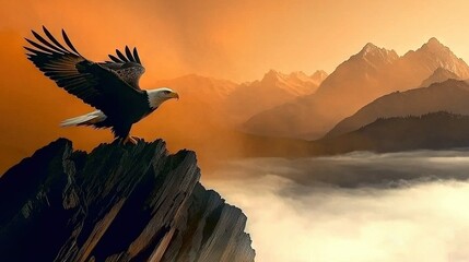 Wall Mural -   A painting captures a majestic bald eagle perched atop a mountain peak, overlooking a verdant valley below Misty clouds obscure the distant horizon, enveloping