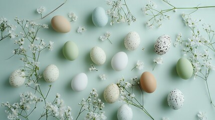 Wall Mural -   A group of eggs resting atop a table beside a cluster of baby's breath flowers