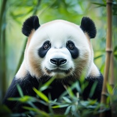 Fototapete - Captivating panda portrait surrounded by lush bamboo forest with ample space for text inclusion. Generative AI