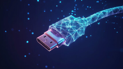 Poster - Hologram USB cable. USB cable made of polygons, triangles of points and lines. USB cable is a low-poly connection structure. The technology concept.