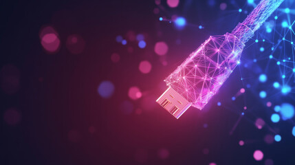 Poster - Hologram USB cable. USB cable made of polygons, triangles of points and lines. USB cable is a low-poly connection structure. The technology concept.