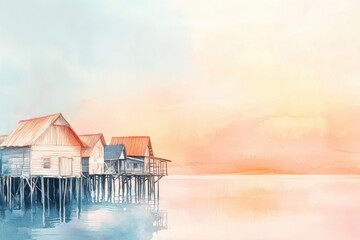 Poster - Soft watercolor illustration of a tranquil fishing village by the sea at sunset with wooden houses on stilts and serene waters. Generative AI
