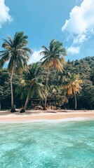 Poster - Beautiful tropical beach with white sand and palm trees under a bright blue sky