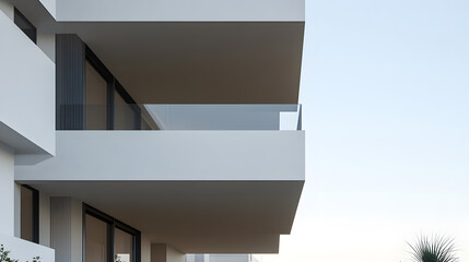 Aufkleber - Modern architecture featuring clean white lines, glass balconies, and minimalist design against a soft sky. Contemporary building with architectural details.