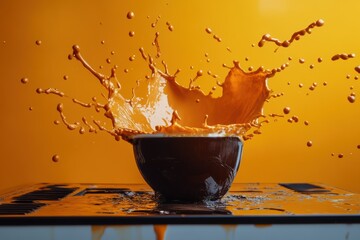 Poster - vibrant orange splash from a bowl on a textured surface against a bright background
