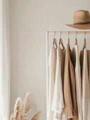 Leinwandbilder - Minimalist clothing rack displaying neatly arranged garments in a modern interior setting with soft lighting. Generative AI