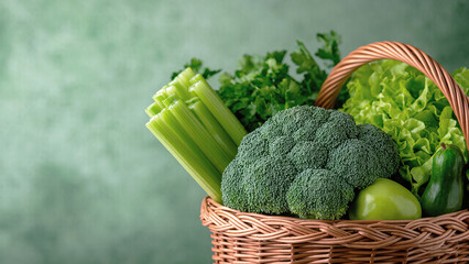 Wall Mural - Wicker Basket with Fresh Market Vegetables Broccoli Celery Salad, healthy organic produce and sustainable living, farm to table, vegan and vegetarian