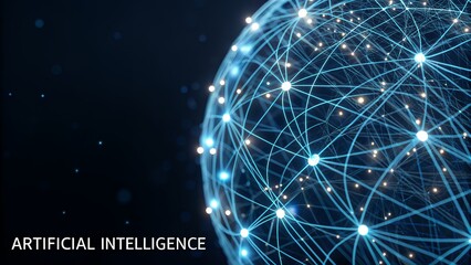 Poster - Glowing Neural Network Sphere: Abstract AI Concept. Futuristic technology, artificial intelligence, digital brain, interconnected nodes, network      