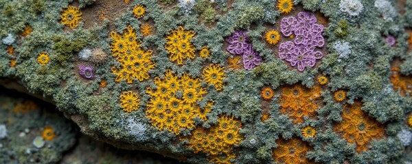 Poster - Lichen, moss texture on old stone with orange, yellow, green, purple colors. Nature abstract background with rough textured surface, fungal growth, organic life, ecology, wall design, colors detail.