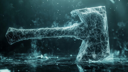 Poster - The hologram is an axe. An axe made of polygons, triangles of dots and lines. The axe is a low-poly compound structure. Technology concept vector.