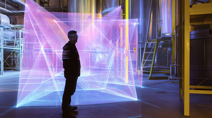 Poster - Hologram safety. Safety made of polygons, triangles, dots, and lines. Low-poly safety structure of connections. Technology concept vector.