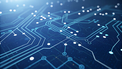 Poster - Abstract Circuit Board: Deep Blue Network, Stylized Technology Design. Complex Connections, Light Bluewhite Lines on Dark Navy Background. Perfect for