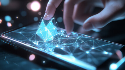 Poster - Hologram telephone. A phone made up of polygons, triangles, points, and lines. The telephone is a low-poly connection structure. The technology concept.