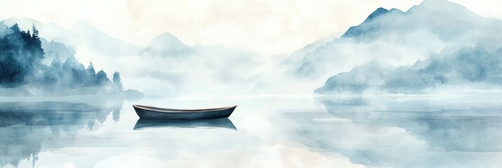 Aufkleber - Serene watercolor illustration of a rowboat on a calm mountain lake with a blank sky for text space and peaceful ambiance. Generative AI