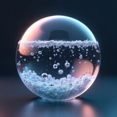 Aufkleber - 3D render sphere illustration with water bubble balls inside. Transparent glossy liquid element with white foam. Abstract cosmetic serum, oil droplet beauty product background. Clean modern