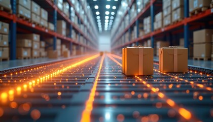 Poster - Boxes move on conveyor belt in smart warehouse management system. Modern cargo delivery concept. Futuristic supply chain automation. Logistic business with AI tech, digital cyberspace solutions.