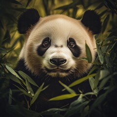 Fototapete - Panda portrait nestled among bamboo leaves creating a serene and natural atmosphere perfect for relaxation. Generative AI