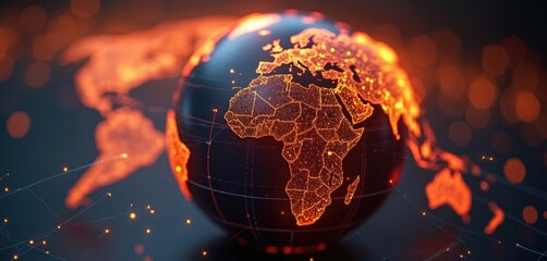 Aufkleber - Digital visualization of global network on dark background features orange data points connecting continents. Perfect for themes like earth tech, global business, international communication,