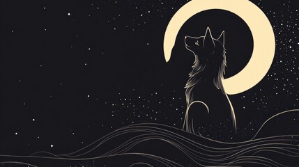 Leinwandbilder - Minimalist wolf silhouette gazes at full moon in starlit night sky with space for accompanying text. Generative AI