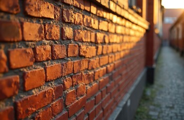 Aufkleber - Close-up of red brick wall illuminated by spring sun in old town. Weathered bricks create textured surface pattern, old masonry, architectural design element in building exterior, neighborhood
