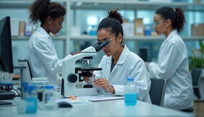 Poster - African scientist checks virus sample using microscope in modern lab. Multiethnic team examines vaccine evolution using high tech for scientific research to develop treatment against covid19, virus,