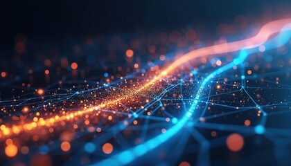 abstract tech network data connections with orange, blue glowing dots, lines. artificial intelligenc