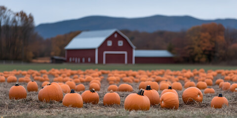 pumpkin patch with barn backdrop and mountain ridge, autumnal countryside landscape with orange pump