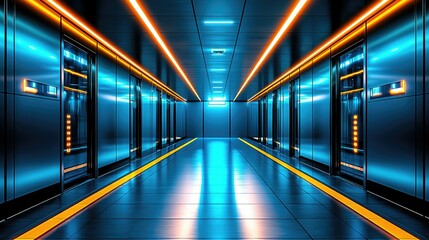 Poster - Futuristic Server Room Corridor With Neon Lights