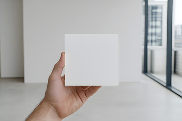 Aufkleber - Hand holding blank card in white room. Opportunity to showcase creative designs or messages. Perfect for modern design or artistic displays.