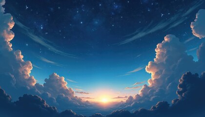 Poster - Anime night sky with clouds and bright stars. Sky with shiny galaxy and nebula and planet and clouds, sun below horizon. Sun light from below makes scenic landscape with sunbeam.