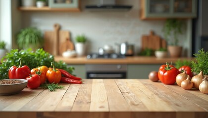 Aufkleber - Empty wooden table with fresh vegetables, spices on blurred kitchen background. Red, orange bell peppers, tomatoes, onions, herbs, bowl with seasonings. Space for product editing. Healthy food