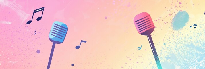 Poster - K pop inspired minimalist background featuring microphones and music notes in vibrant colors. Generative AI