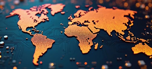 Aufkleber - Global electronics market connectivity, trade shown as glowing continents made of microchips on circuit board. Tech alliances, international exchange rates, cyberspace security, digital economy,