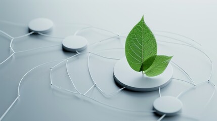 Aufkleber - A single green leaf standing tall among a web of silver connections, symbolizing nature