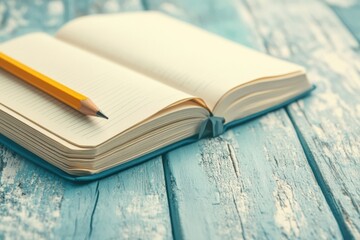 Aufkleber - Open notebook and yellow pencil on bright wooden desk with spacious background for creativity. Generative AI