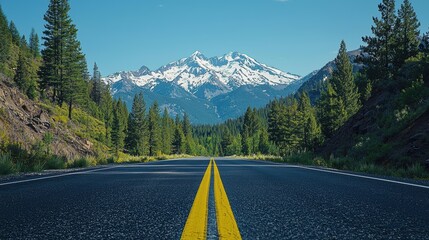 Wall Mural - Scenic road leading to snow-capped mountains under a clear blue sky.