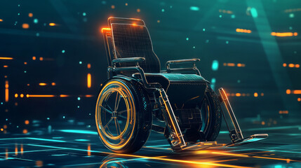 Poster - hologram chair. a wheelchair made of polygons, triangles of dots and lines. the chair is a low-poly 