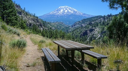 Wall Mural - Scenic picnic area with a view of a snow-capped mountain.