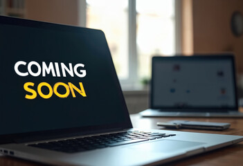 Laptop screen displays coming soon banner. Website under construction sign on monitor. Webpage build, error message, site maintenance process. Anticipation of new technology, digital service launch,