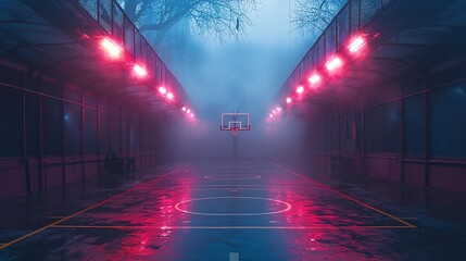 Wall Mural - Foggy urban basketball court illuminated by pink lights, creating a mysterious atmosphere at night