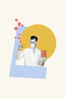 © deagreez - Vertical art banner collage of serious doctor man laboratory researcher hold flask covid booster vaccine development pharmacy