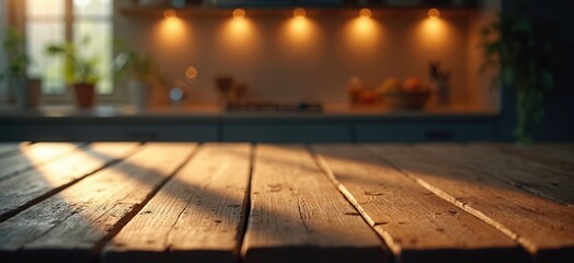 Aufkleber - Rustic wooden table in dark kitchen with soft light bokeh. Empty wood countertop background for food, object product placement, recipe design. Cozy home atmosphere, house decor inspiration with copy