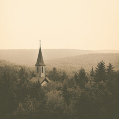 Wall Mural - A solitary church steeple emerges above a dense forest, set against a serene backdrop of rolling hills under a sepia-toned sky.