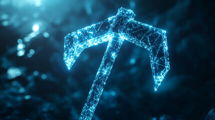 Poster - hologram pickaxe. a pickaxe of polygons, triangles of points and lines. pickaxe icon is a low-poly c