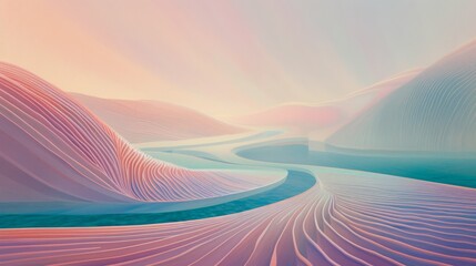 Aufkleber - AI-generated abstract artwork depicting smooth, flowing lines creating a surreal pastel-colored landscape. The composition evokes serenity and imagination. AI generated.